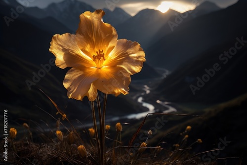 Fotografie, Obraz a large yellow flower sitting on top of a lush green hillside next to a river in the middle of a valley with a mountain range in the distance in the background