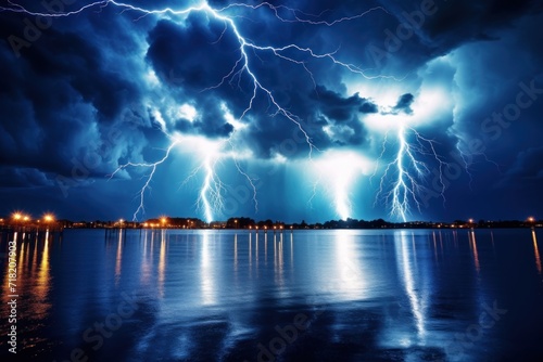 a lightning storm over a body of water with lights reflecting off of the water and buildings on the other side of the water, and a city in the distance.