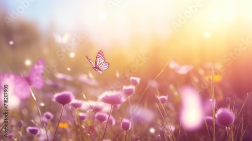  a field full of purple flowers with a butterfly flying in the middle of the photo and the sun shining down on the grass and flowers in the middle of the field.
