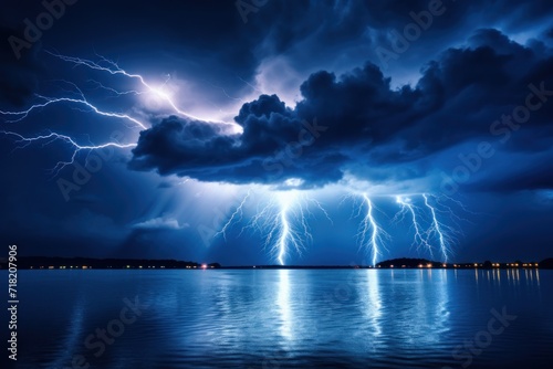  a lightning storm over a body of water with a sky filled with lots of clouds and a couple of lightnings in the sky over the top of the water.