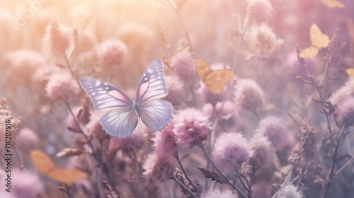  a close up of a butterfly on a plant with pink flowers in the foreground and a yellow butterfly on the top of the plant with pink flowers in the background.