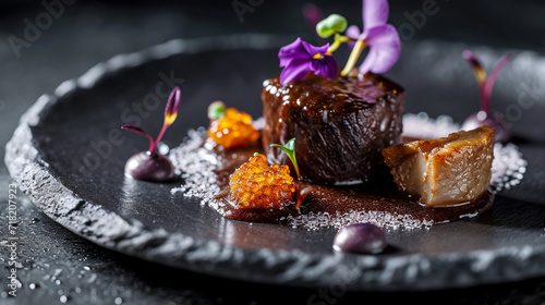 Grilled deer meat with spices, unusual serving dishes, marked with a Michelin star, and modern culinary art. Luxury restaurant.