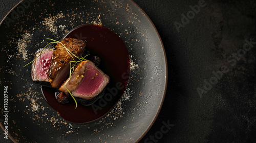 Grilled deer meat with spices, unusual serving dishes, marked with a Michelin star, and modern culinary art. Luxury restaurant.