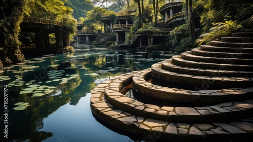  a pool of water with steps leading up to it and a waterfall in the middle of the pool with water lilies growing on the side of the pool and trees on the other side of the pool.