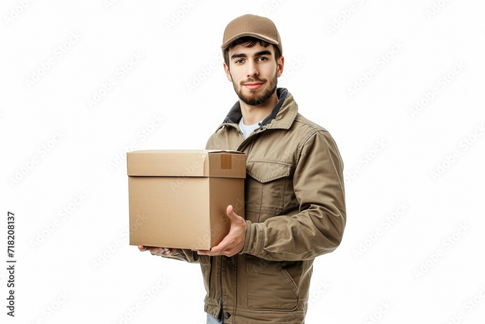 Cheerful delivery man. Happy young courier holding a cardboard box and smiling while standing against white background Cheerful delivery man. Happy young courier holding a cardboard box and smiling while standing against white background