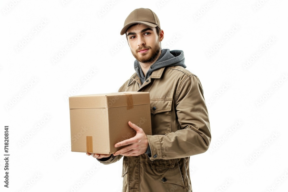 Cheerful delivery man. Happy young courier holding a cardboard box and smiling while standing against white background Cheerful delivery man. Happy young courier holding a cardboard box and smiling while standing against white background
