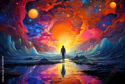  a painting of a person standing in the middle of a body of water with a sunset in the background and a reflection of them in the water at the bottom of the image.