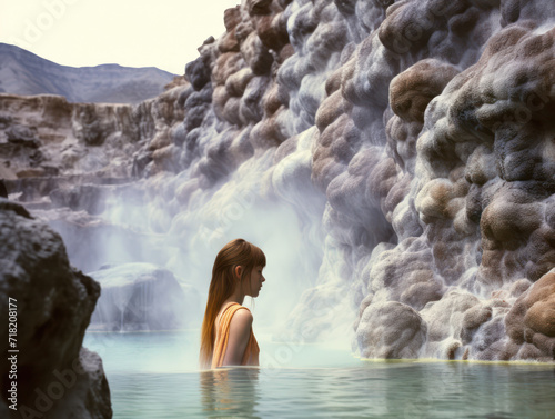 Beautiful girl bathing in hot springs, hot sulfur springs in the mountains