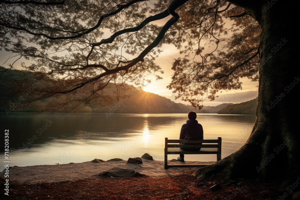 a person sitting on a bench in front of a body of water with a tree in the foreground and a mountain range in the background with a body of water in the foreground. a person sitting on a bench in front of a body of water with a tree in the foreground and a mountain range in the background with a body of water in the foreground.