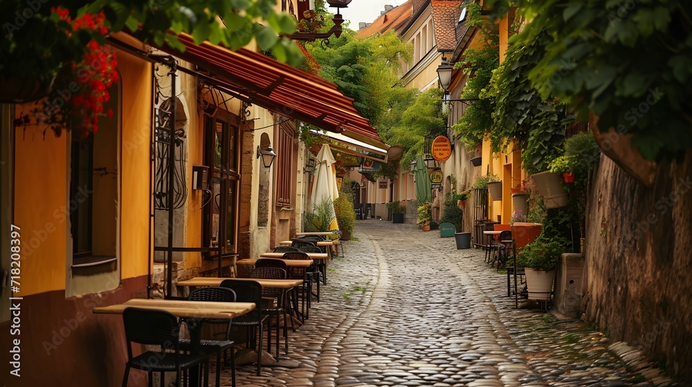 street in the old town, charming cobblestone street lined with quaint cafes, inviting exploration and leisurely strolls