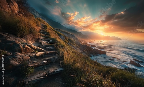 Nature’s Staircase, Wooden Path to the Peak of a Large Mountain, Generative AI © Rika