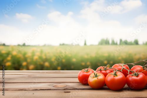 Empty wooden table and blurred tomatoes field background