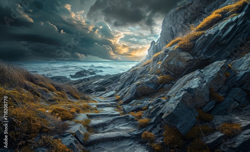 Pathway to Peaks, Wooden Trail Leading Through Rugged Large Mountain Landscape, Generative AI