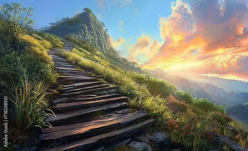 Sunrise Path, Wooden Steps Ascending Mountain, Generative A