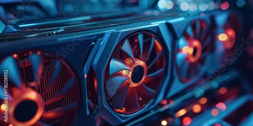 Video graphic card close up, GPU coolers in computer