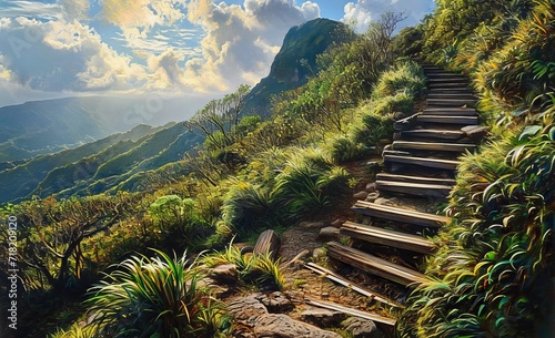 Nature’s Pathway, Wooden Steps Amidst Greenery, Generative AI