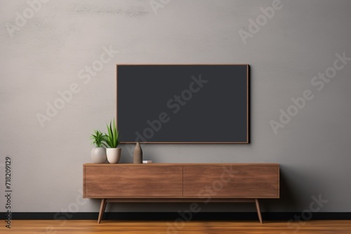 Elevate your living room with a Smart TV mockup with a blank screen standing on a wooden console, creating a harmonious blend of modernity and refined aesthetics