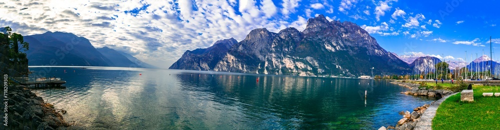 Obraz premium Italy travel ,scenic Garda lake , Trento province. Lago di Garda. Wonderful autumn scenery. sunny morning in Riva del Garda.