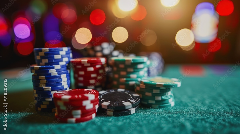 Casino gambling chips on green table with colorful bokeh background. Casino concept with copy space. Online casino. Gambling concept with copy space.