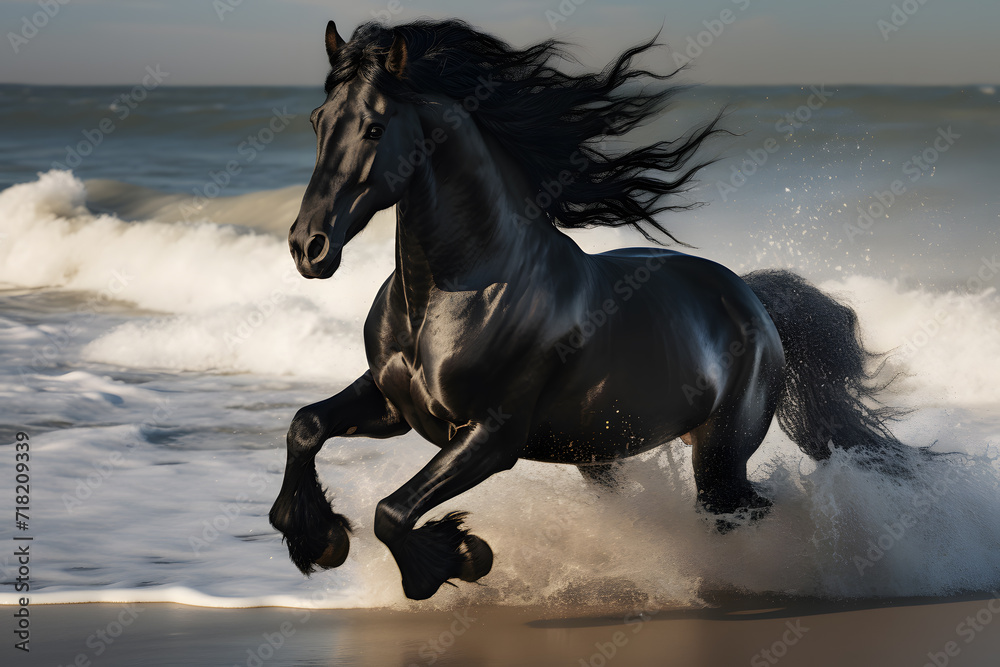 Beautiful black horse galloping along the beach