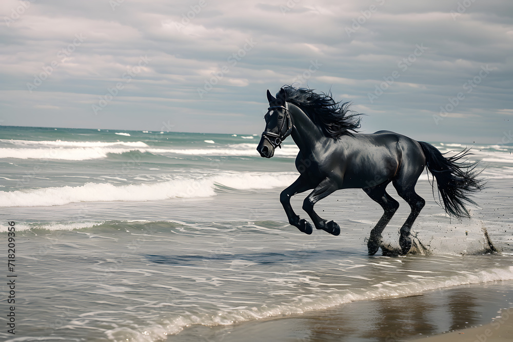 Beautiful black horse galloping along the beach Beautiful black horse galloping along the beach