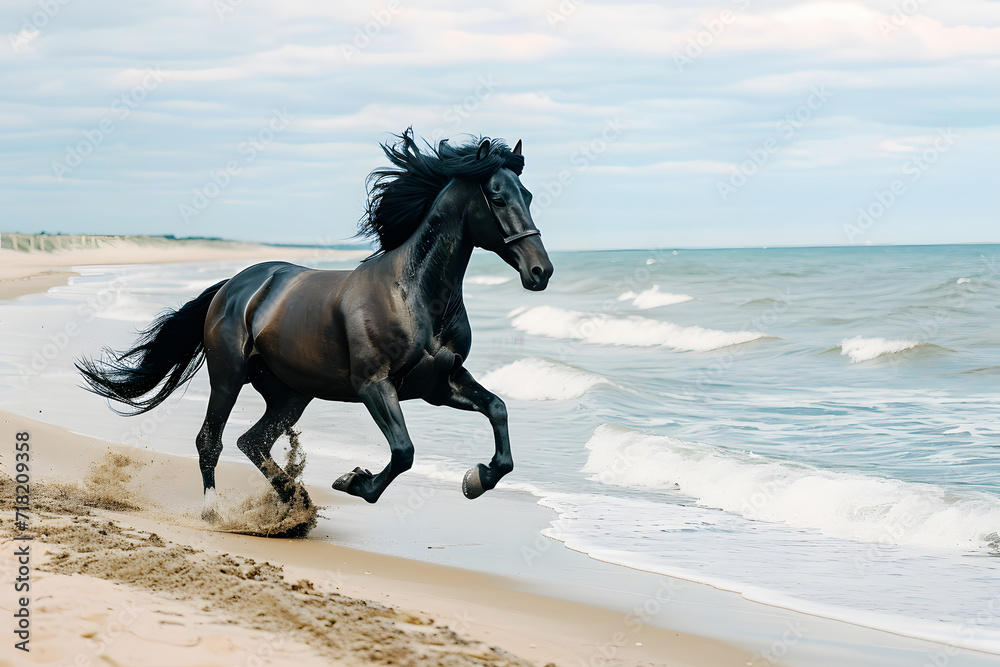 Naklejka premium Beautiful black horse galloping along the beach