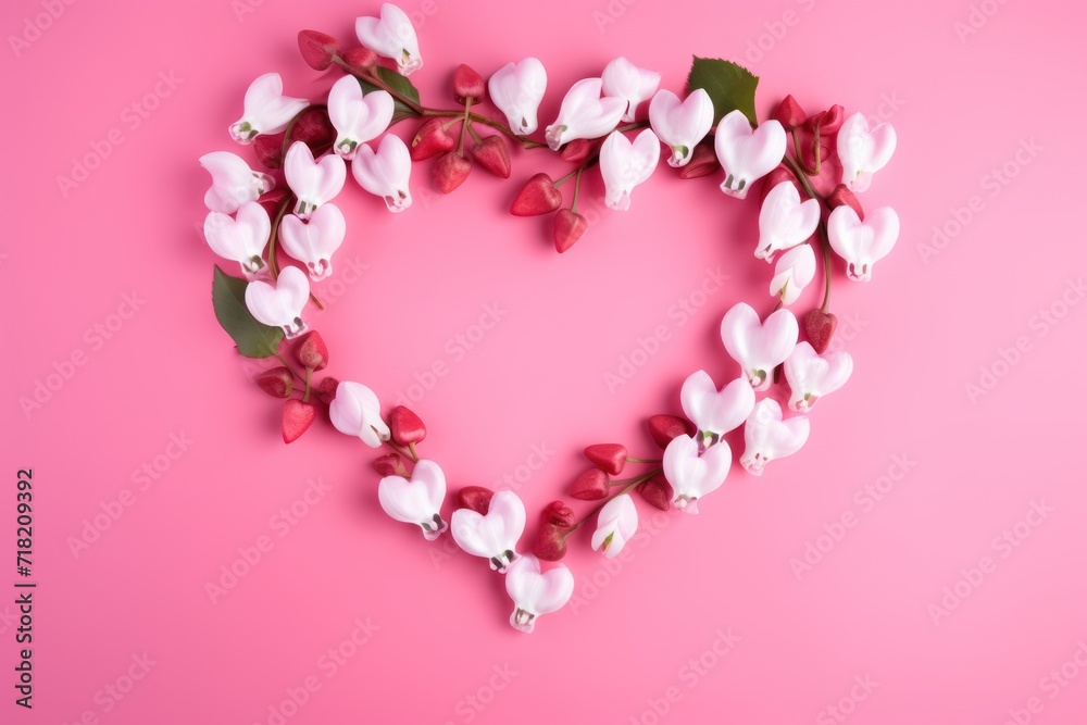  a heart shaped arrangement of white and red flowers on a pink background with copy - space in the middle of the image for a valentine's day or valentine's day message.