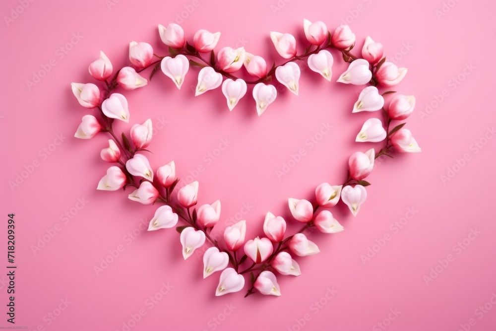  a heart shaped arrangement of pink and white tulips on a pink background with copy - space in the middle of the image to the top right of the image.
