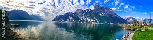 Italy travel ,scenic Garda lake , Trento province.  Lago di Garda. Wonderful autumn scenery. sunny morning in Riva del Garda.