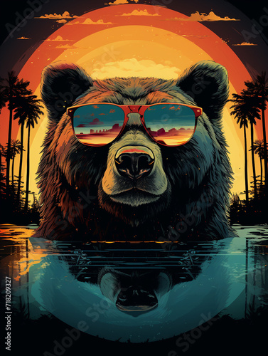 T-shirt design, cool vintage retro, colorful bear, retro sunset background сreated with Generative Ai