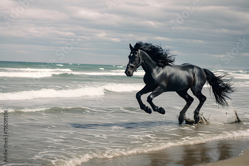 Beautiful black horse galloping along the beach © Oksana