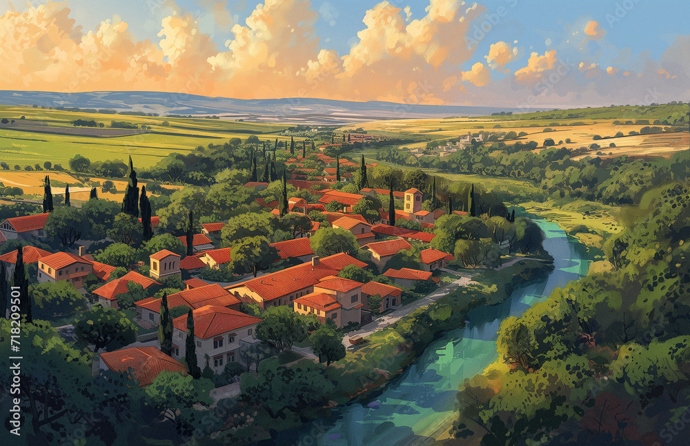 illustration of a mediterranean village in a beautiful setting