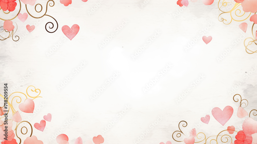 Valentine's day background with hearts and golden swirls. Beautiful frame with space for your text.
