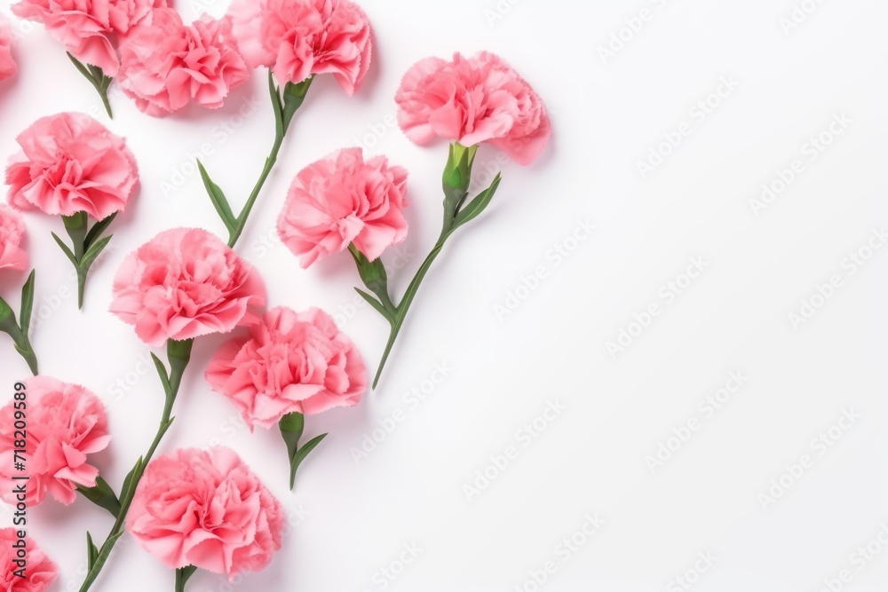 a bunch of pink carnations on a white background with a place for a text or an image to put on a card or postcard or brochure. a bunch of pink carnations on a white background with a place for a text or an image to put on a card or postcard or brochure.