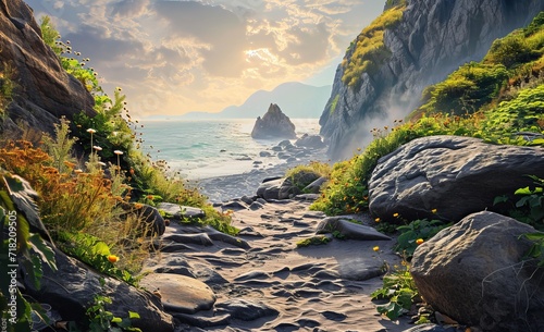 Ocean View Landscapes, Trail to Rocky Sands, Generative AI