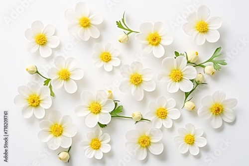  a bunch of white flowers with yellow centers on a white background, top view, flat lay on a white surface, with copy space for text, top view.