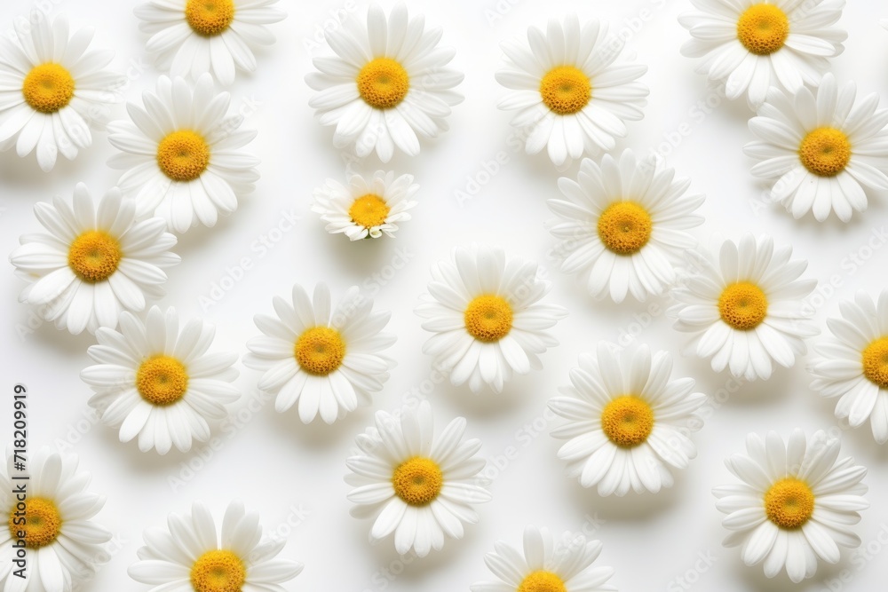  a group of white and yellow daisies on a white surface with one yellow flower in the middle of the picture and one white flower in the middle of the picture.