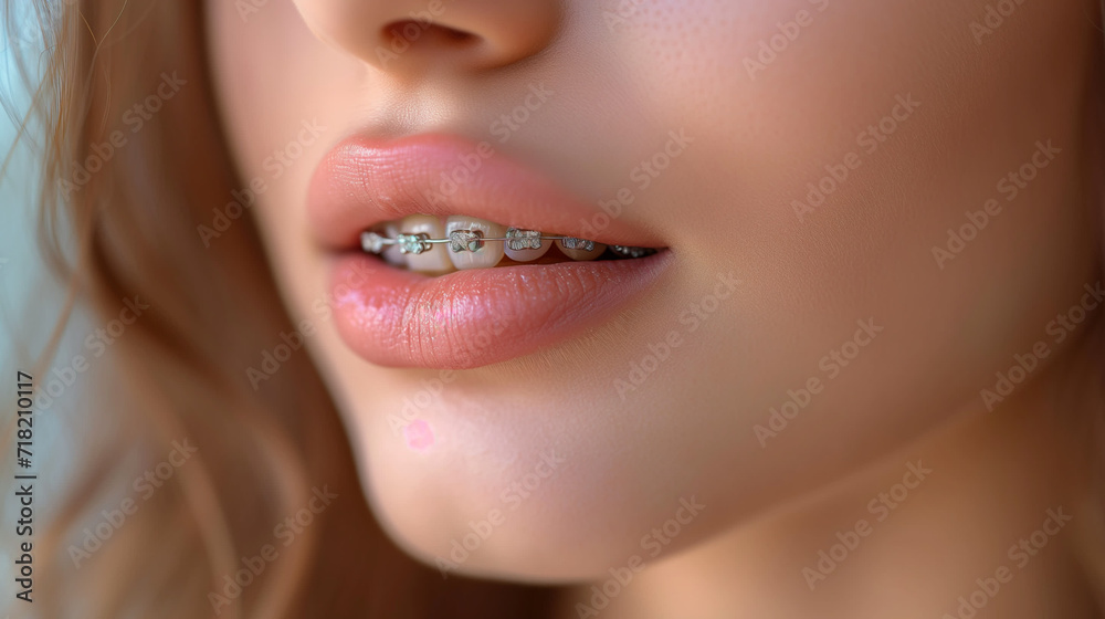 Fototapeta premium close-up of bracketed teeth