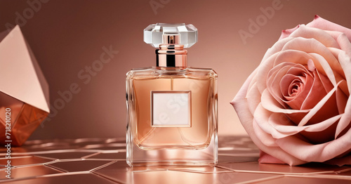 3D Illustration of a glass bottle for women's perfume on an abstract pink background with a rose. Presentation of cosmetic products luxury or packaging.