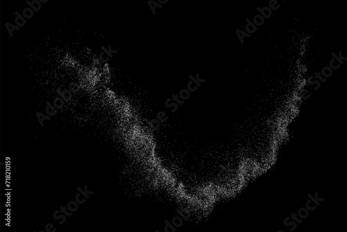 White grainy texture. Abstract dust overlay. Grain noise. White explosion on black background. Splash light realistic effect. Vector illustration. 