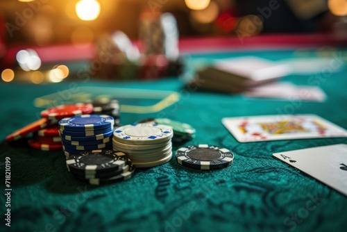 Casino chips and cards on green table with bokeh background. Casino concept with copy space. Online casino. Gambling concept with copy space.