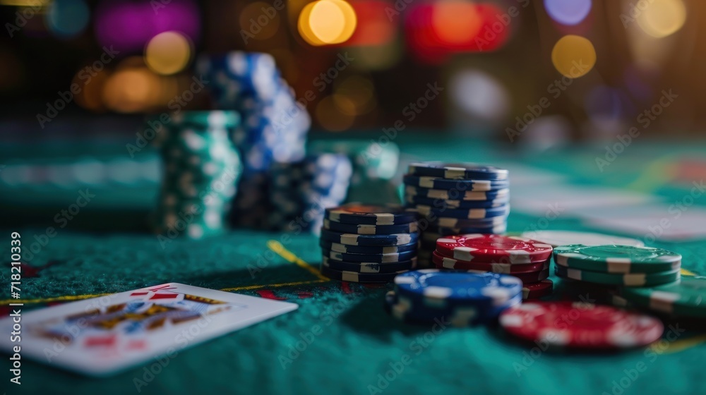 Casino gambling chips and playing cards on green table with bokeh background. Casino concept with copy space. Online casino. Gambling concept with copy space.