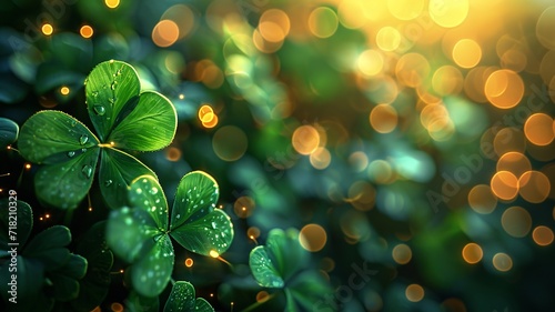 Enchanting Close-up of Dew-kissed Clover Leaves Illuminated by Soft Light - St. Patrick's Day Theme 