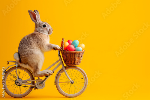 Easter bunny Riding a bike with easter eggs into a basket, on yellow background photo