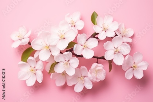  a branch of white flowers with green leaves on a pink background, top view, flat lay, copy - up, copy - up, copy - space photo.