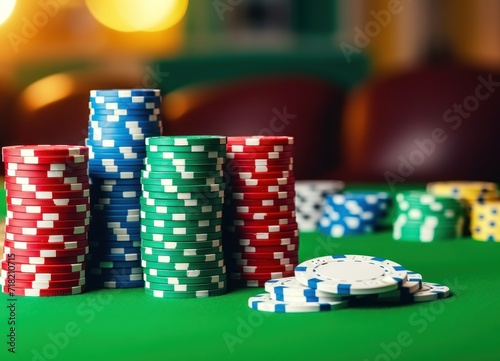 Poker chips and cards on green table in casino. Casino background. Casino concept with copy space. Online casino. Gambling concept with copy space.