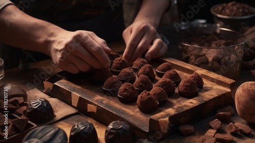 Bittersweet chocolate being hand-crafted into artisanal truffles, showcasing the artistry and craftsmanship in photo