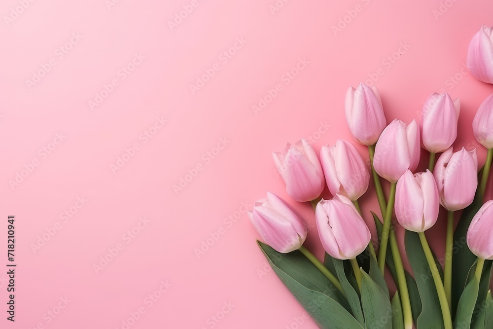  a bouquet of pink tulips with green leaves on a pink background with a place for a text or an image of a bouquet of pink tulips with green leaves on a pink background.
