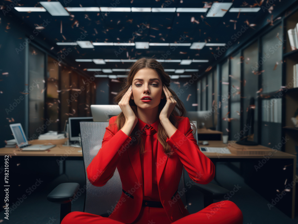 Fototapeta premium Woman in red suit looking stressed in office, load of office work