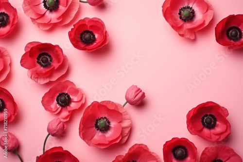  a group of red poppies on a pink background with a black center and a black center in the middle of the poppies is surrounded by smaller red flowers.